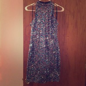 Multi-color sequin dress. Mock neck mini dress.